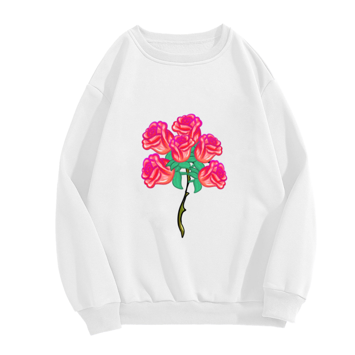 Pink Rose Bouquet Crewneck Sweatshirt | Vintage Floral Flower Pullover, Cartoon Rose Stem Graphic Top, Romantic Gift