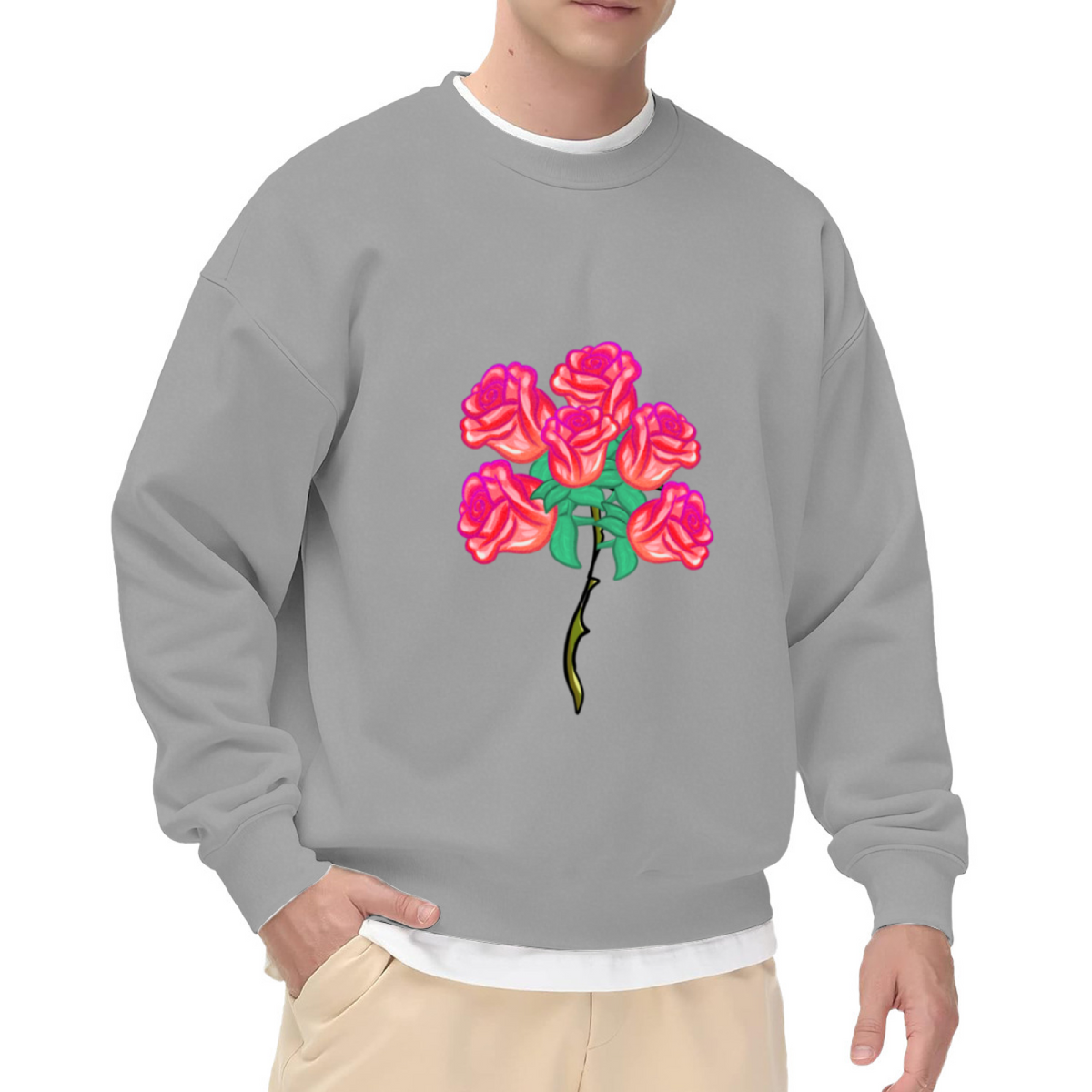 Pink Rose Bouquet Crewneck Sweatshirt | Vintage Floral Flower Pullover, Cartoon Rose Stem Graphic Top, Romantic Gift