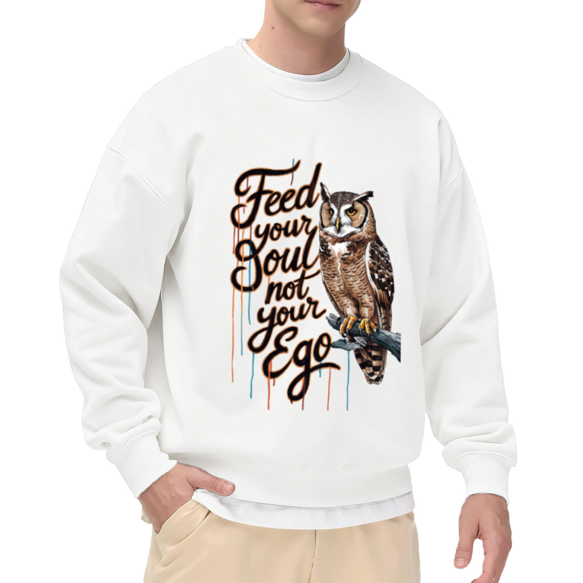 Feed Your Soul Not Your Ego Sweatshirt | Owl Graffiti Quote Graphic Crewneck, Motivational Street Art Pullover Top, Spiritual Gift for Women Men