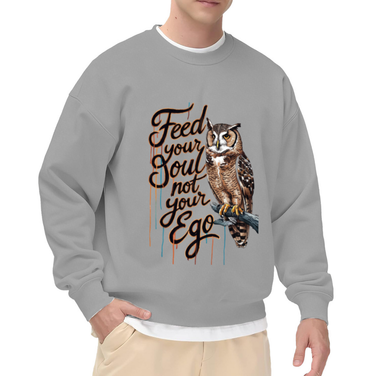 Feed Your Soul Not Your Ego Sweatshirt | Owl Graffiti Quote Graphic Crewneck, Motivational Street Art Pullover Top, Spiritual Gift for Women Men