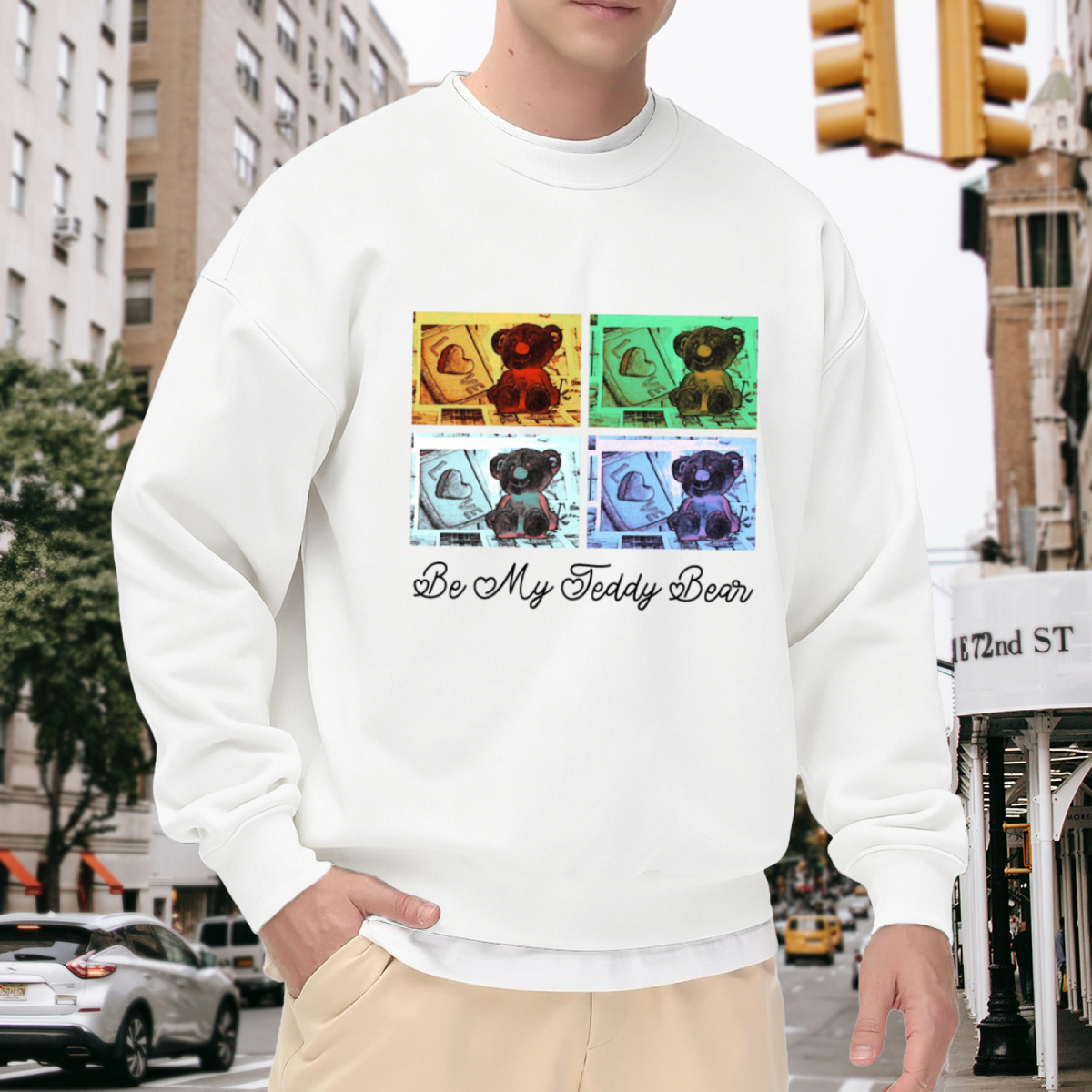 Be My Teddy Bear Pop Art Teddy Bear Crewneck Sweatshirt | Retro Valentine's Day Graphic Pullover, Sweet Gift