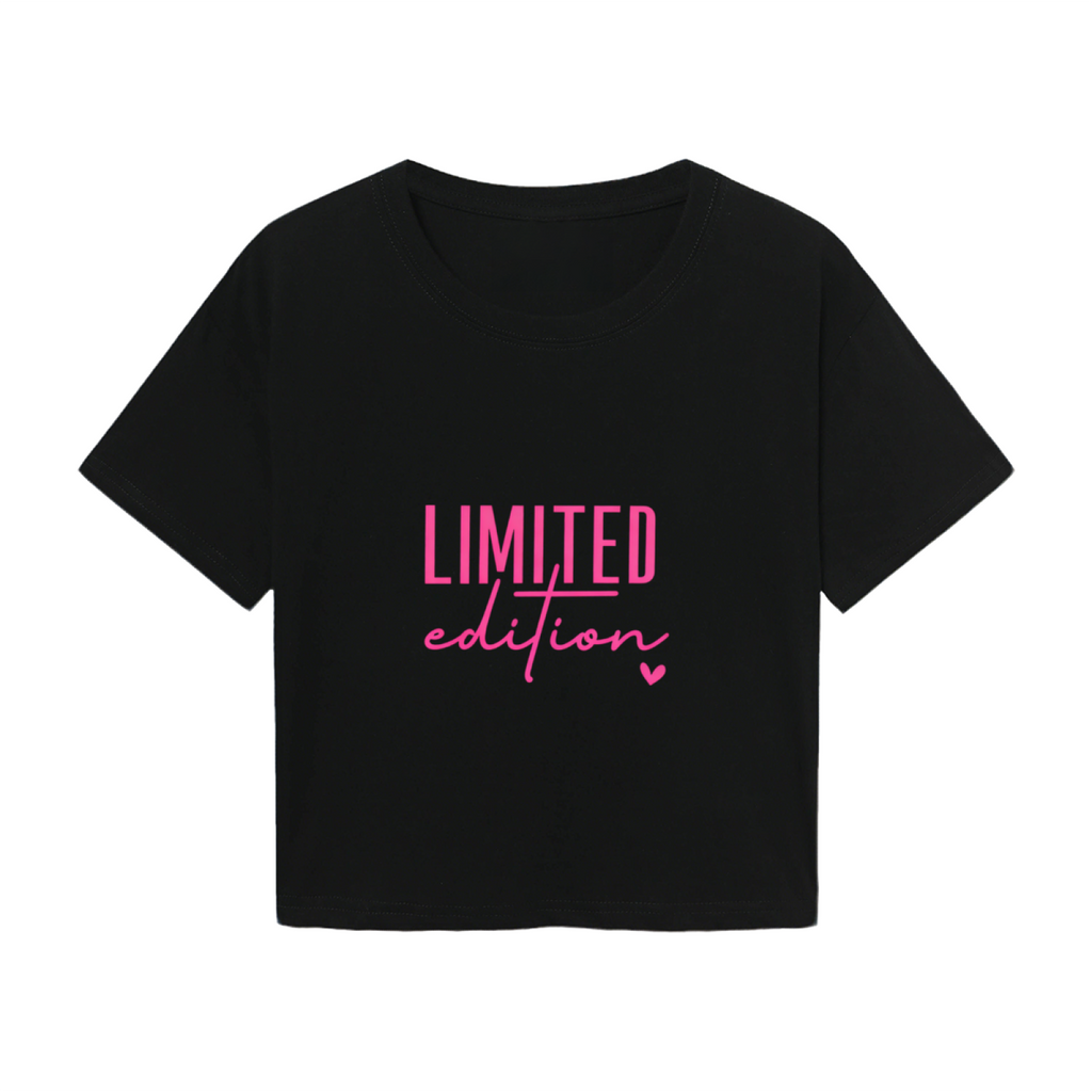 Limited Edition Hot Pink Script Black Crop Top ¨C Trendy Girly Heart Print Tee