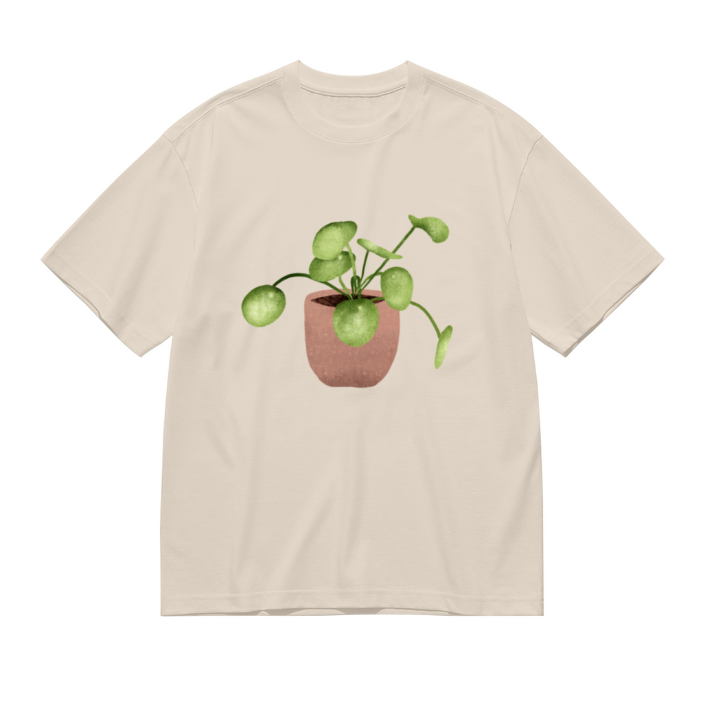 Watercolor Pilea Plant Beige T-Shirt, Cottagecore Fresh Healing Minimal Tee