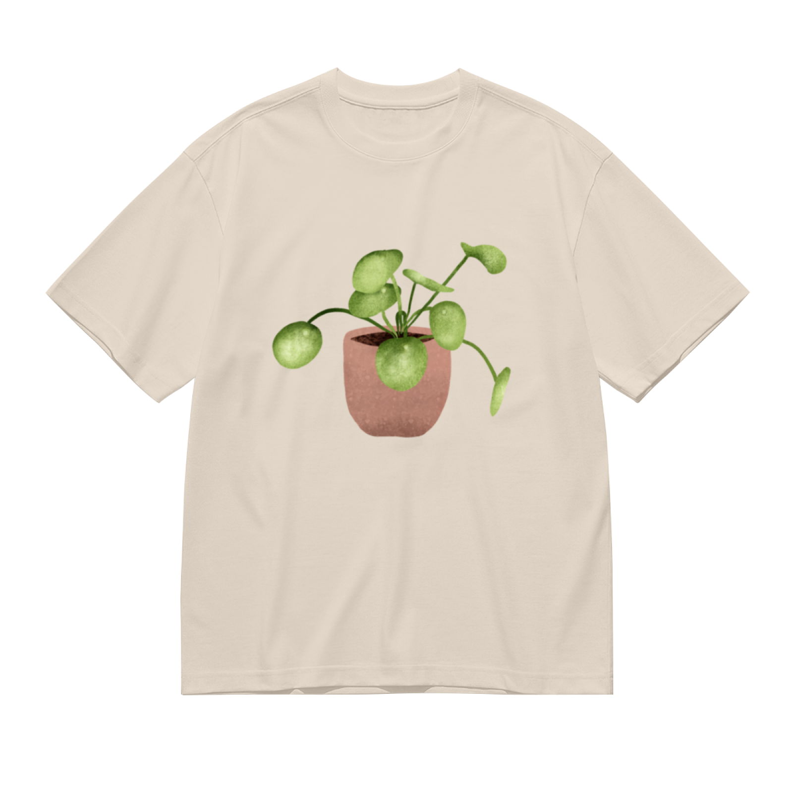 Watercolor Pilea Plant Beige T-Shirt, Cottagecore Fresh Healing Minimal Tee