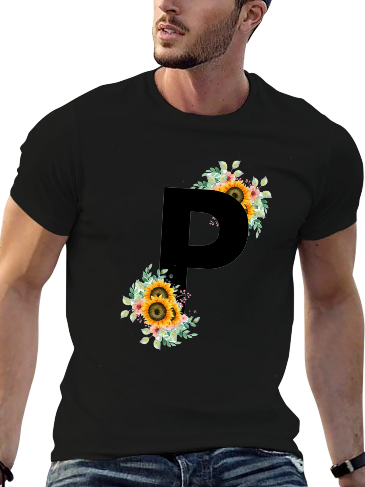 Sunflower Letter P Black T-Shirt
