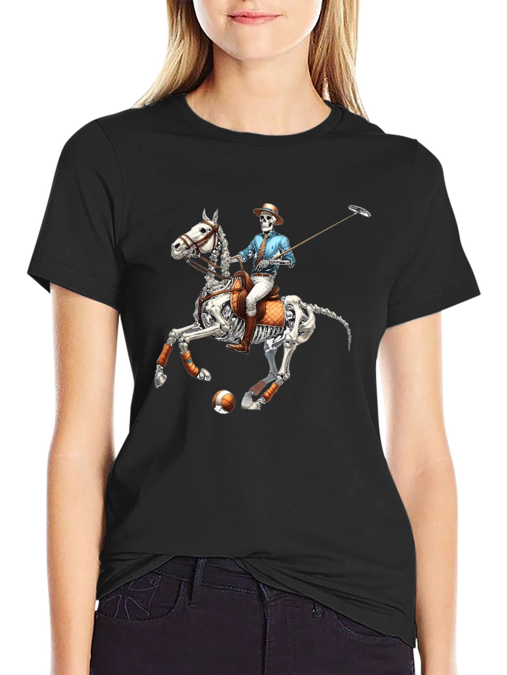 Skeleton Polo Player Graphic Tee - Unique Halloween Shirt