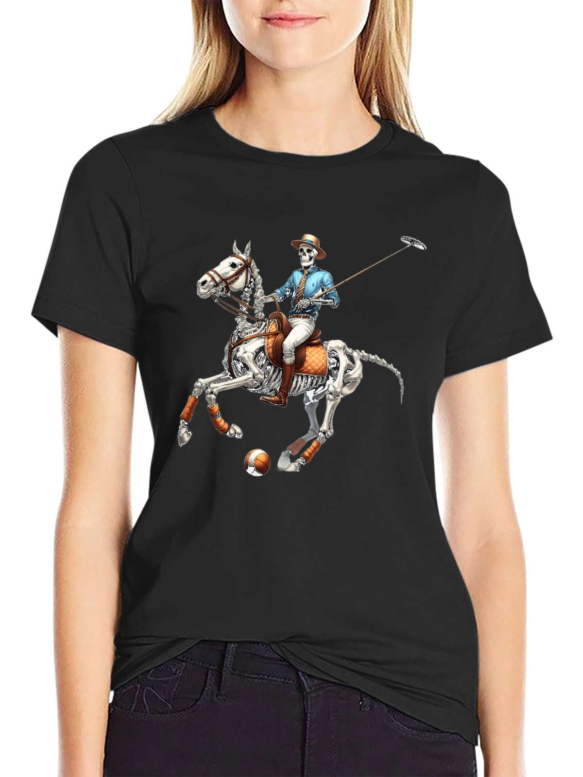 Skeleton Polo Player Graphic Tee - Unique Halloween Shirt