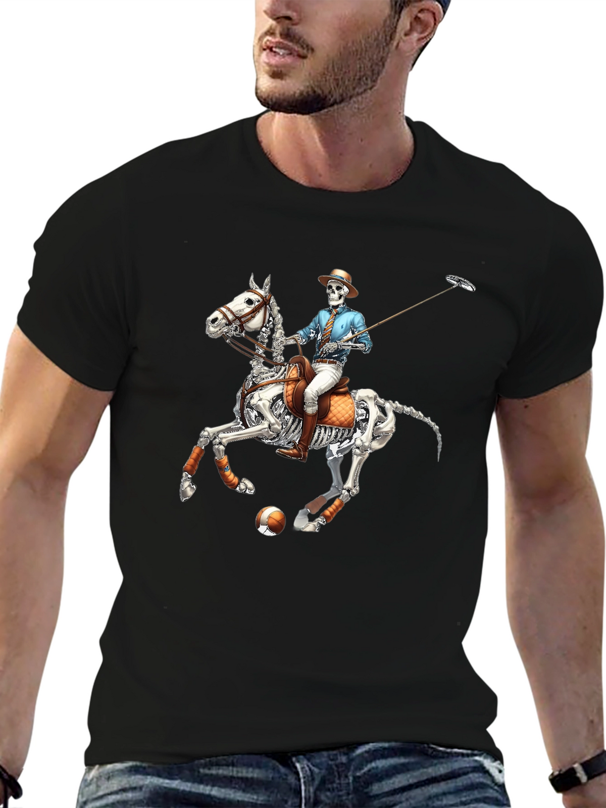 Skeleton Polo Player Graphic Tee - Unique Halloween Shirt