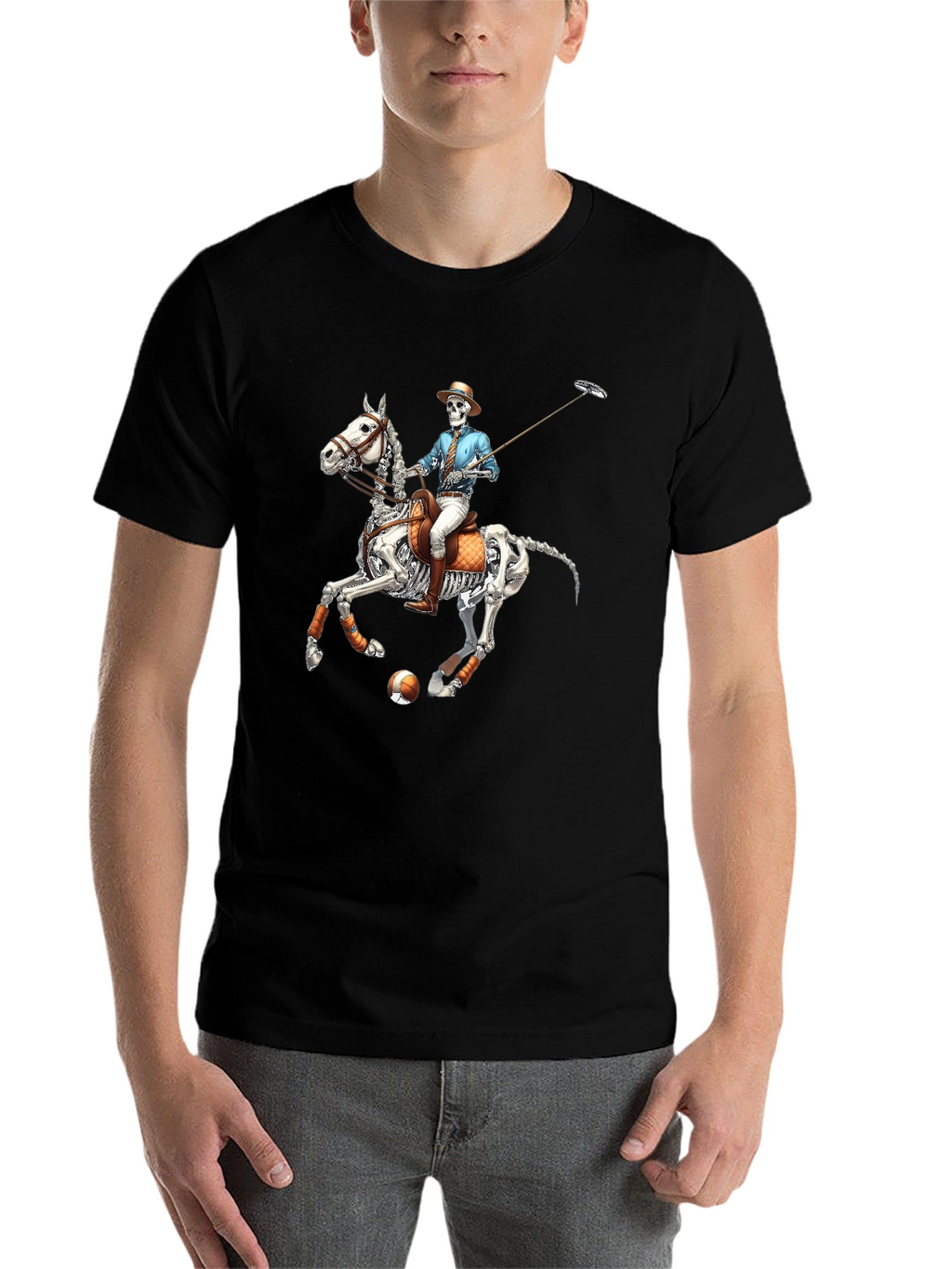 Skeleton Polo Player Graphic Tee - Unique Halloween Shirt