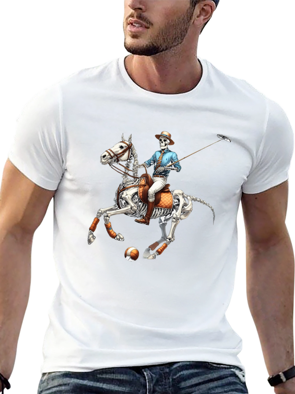 Skeleton Polo Player Graphic Tee - Unique Halloween Shirt