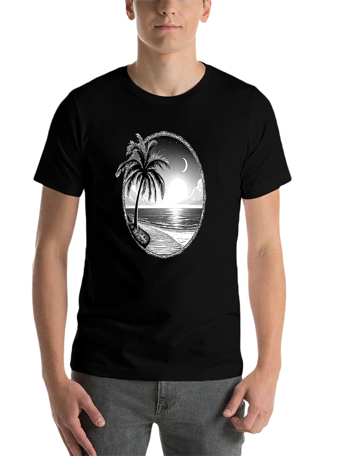 Tropical Beach Scene Black T-Shirt
