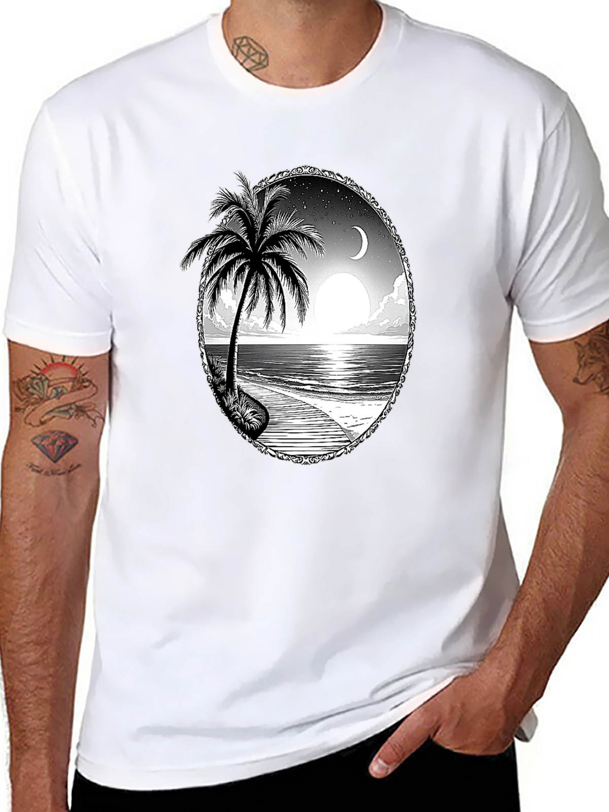 Tropical Beach Scene Black T-Shirt