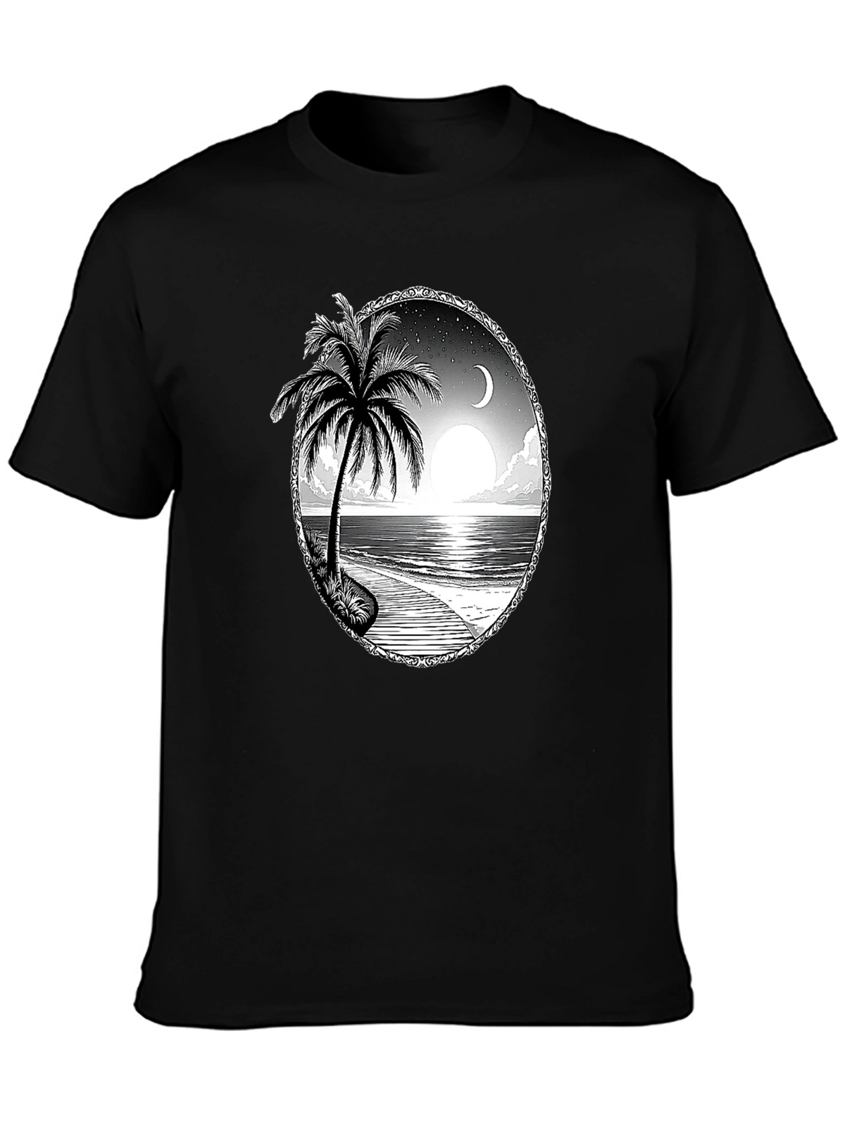 Tropical Beach Scene Black T-Shirt