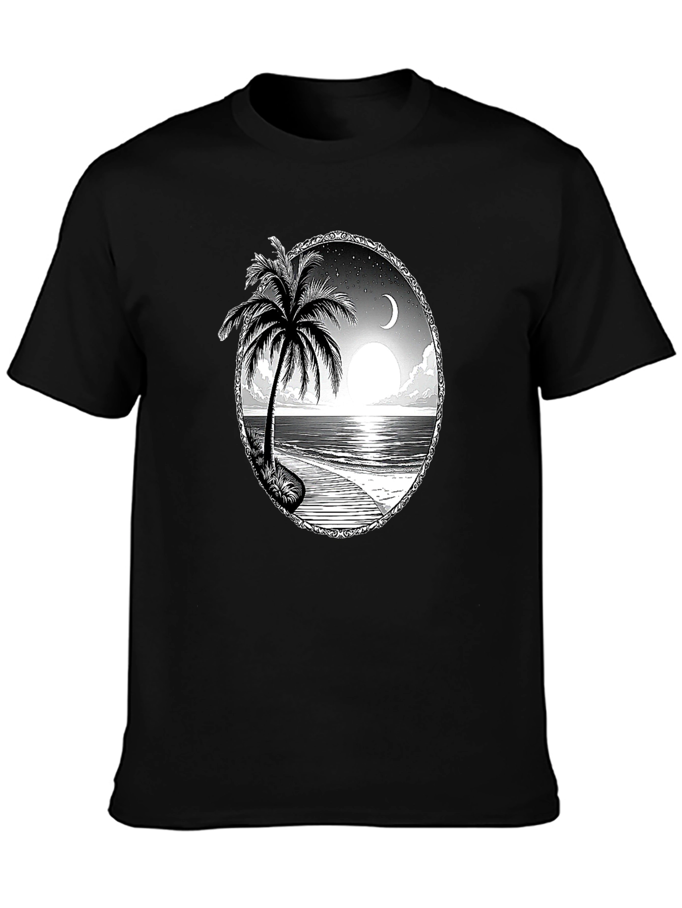 Tropical Beach Scene Black T-Shirt