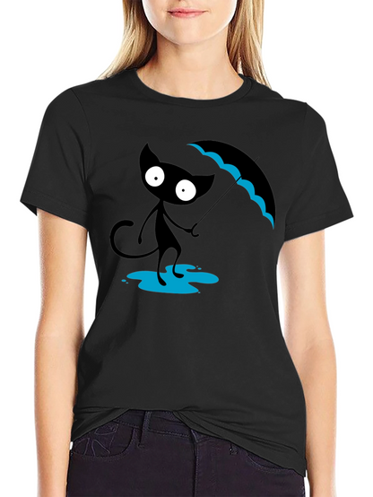 Black Cat with Umbrella T-Shirt