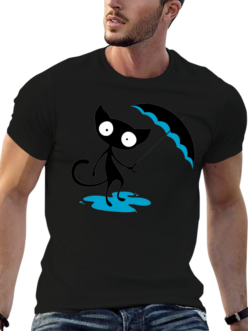 Black Cat with Umbrella T-Shirt