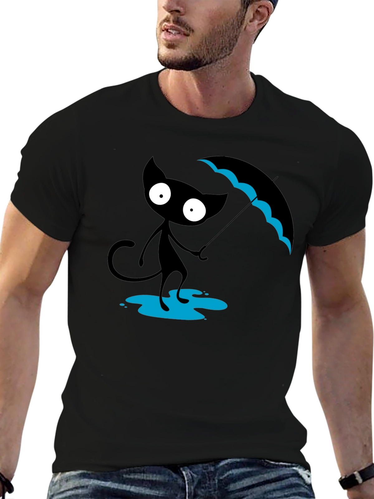 Black Cat with Umbrella T-Shirt