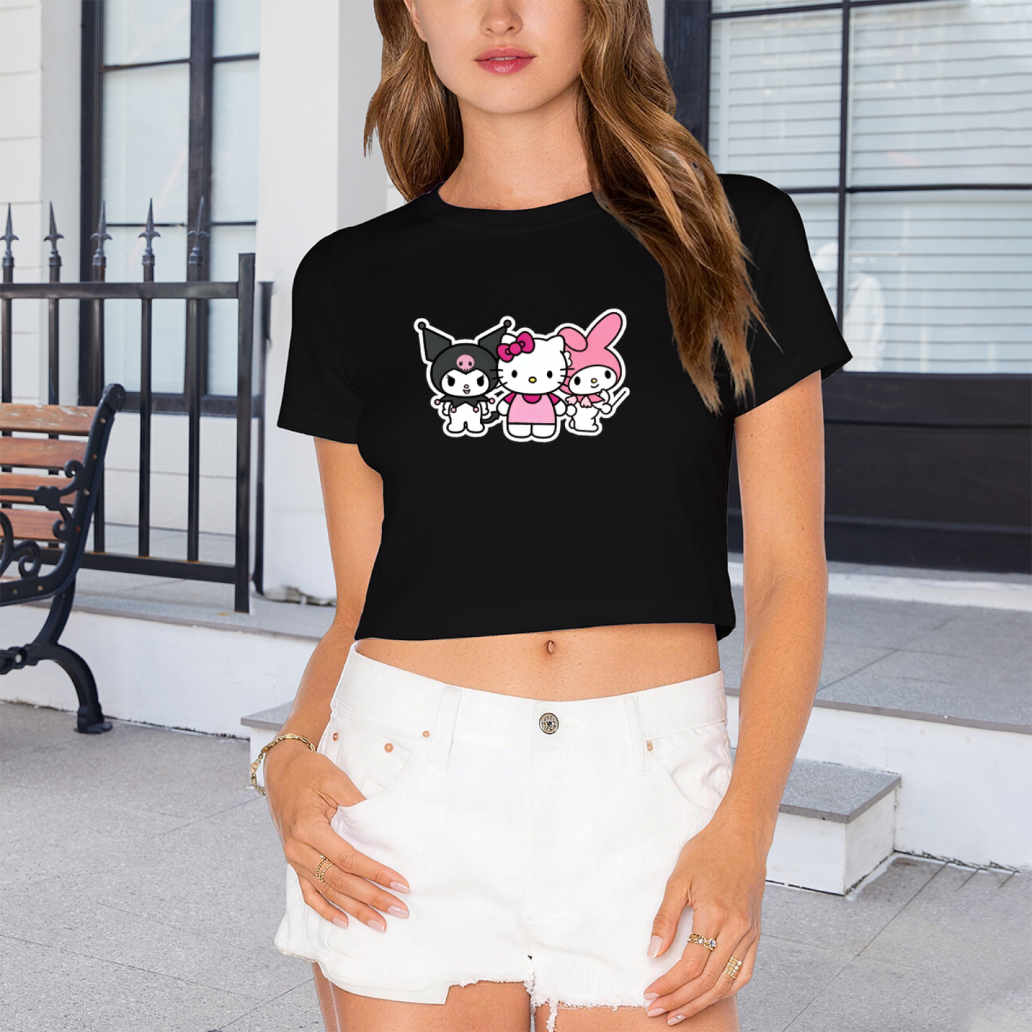 Sanrio Best Friends Group Eye?Catching Black Cropped Tee