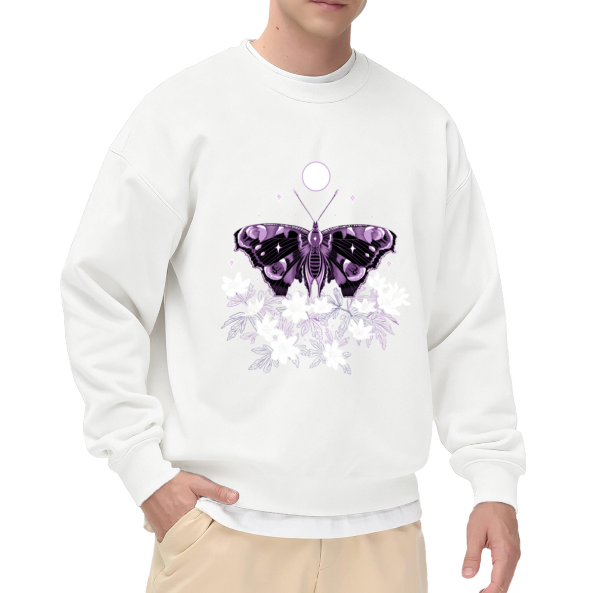 Ethereal Moth with Moon and Flowers Mystical Graphic Crewneck Sweatshirt