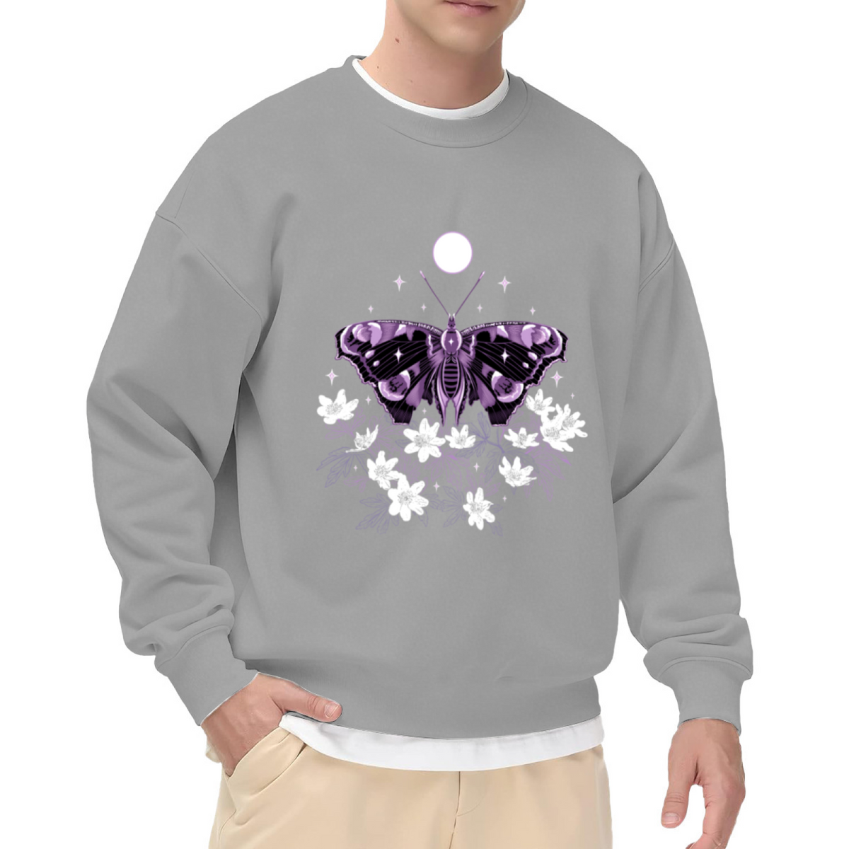 Ethereal Moth with Moon and Flowers Mystical Graphic Crewneck Sweatshirt