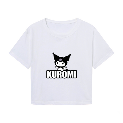 Bold Kuromi Letter Print White Cropped Top Edgy Sanrio Casual Crop Tee
