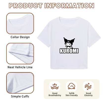 Bold Kuromi Letter Print White Cropped Top Edgy Sanrio Casual Crop Tee