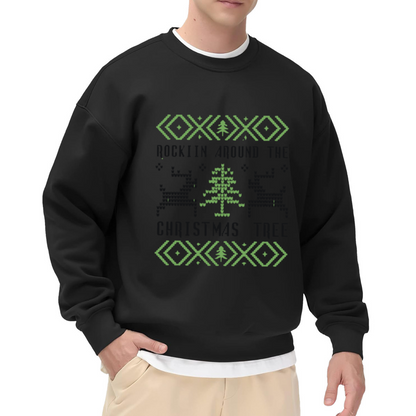 Rockin Around The Christmas Tree Crewneck Sweatshirt - Ugly Christmas Sweater Knit Style Pullover, Festive Holiday Top