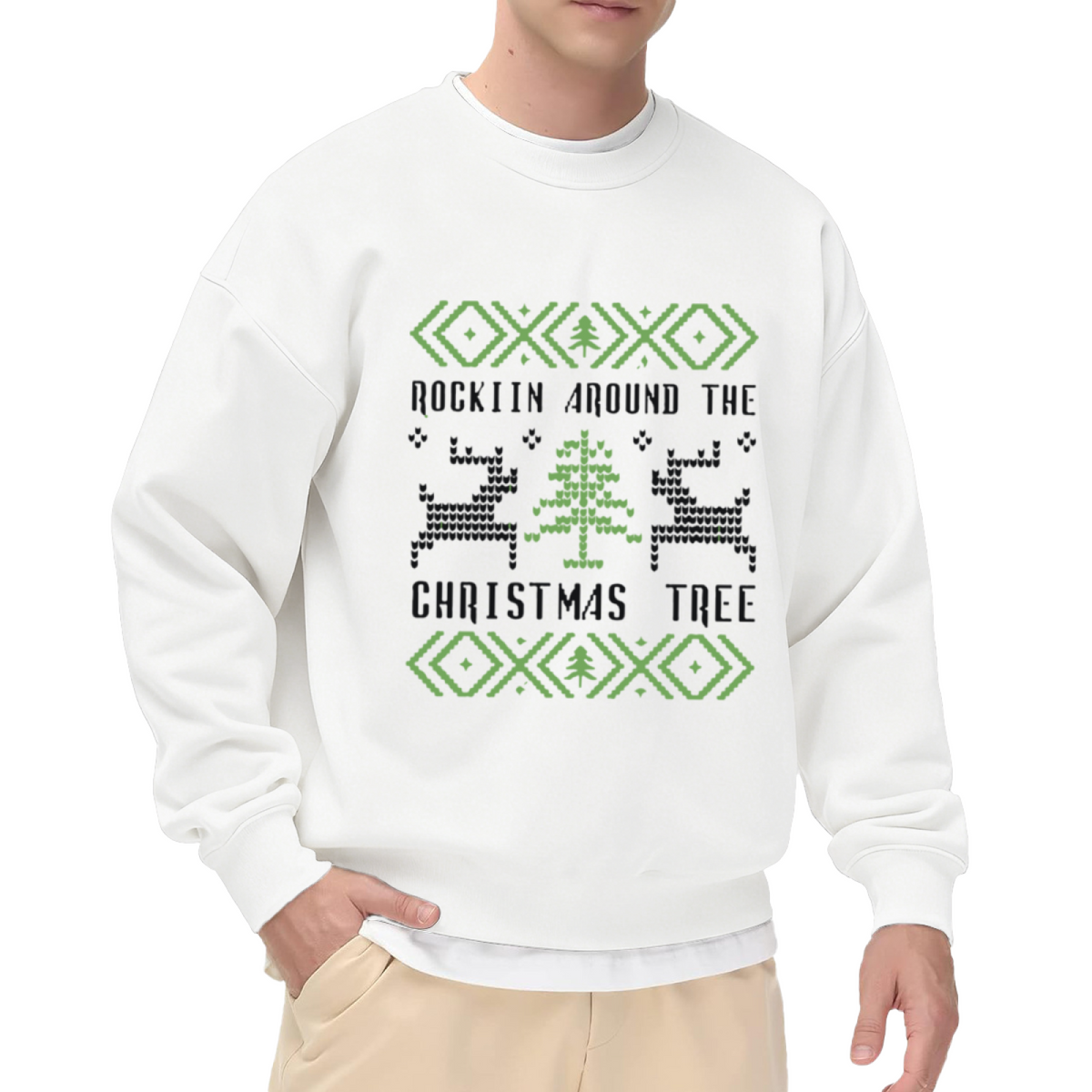Rockin Around The Christmas Tree Crewneck Sweatshirt - Ugly Christmas Sweater Knit Style Pullover, Festive Holiday Top