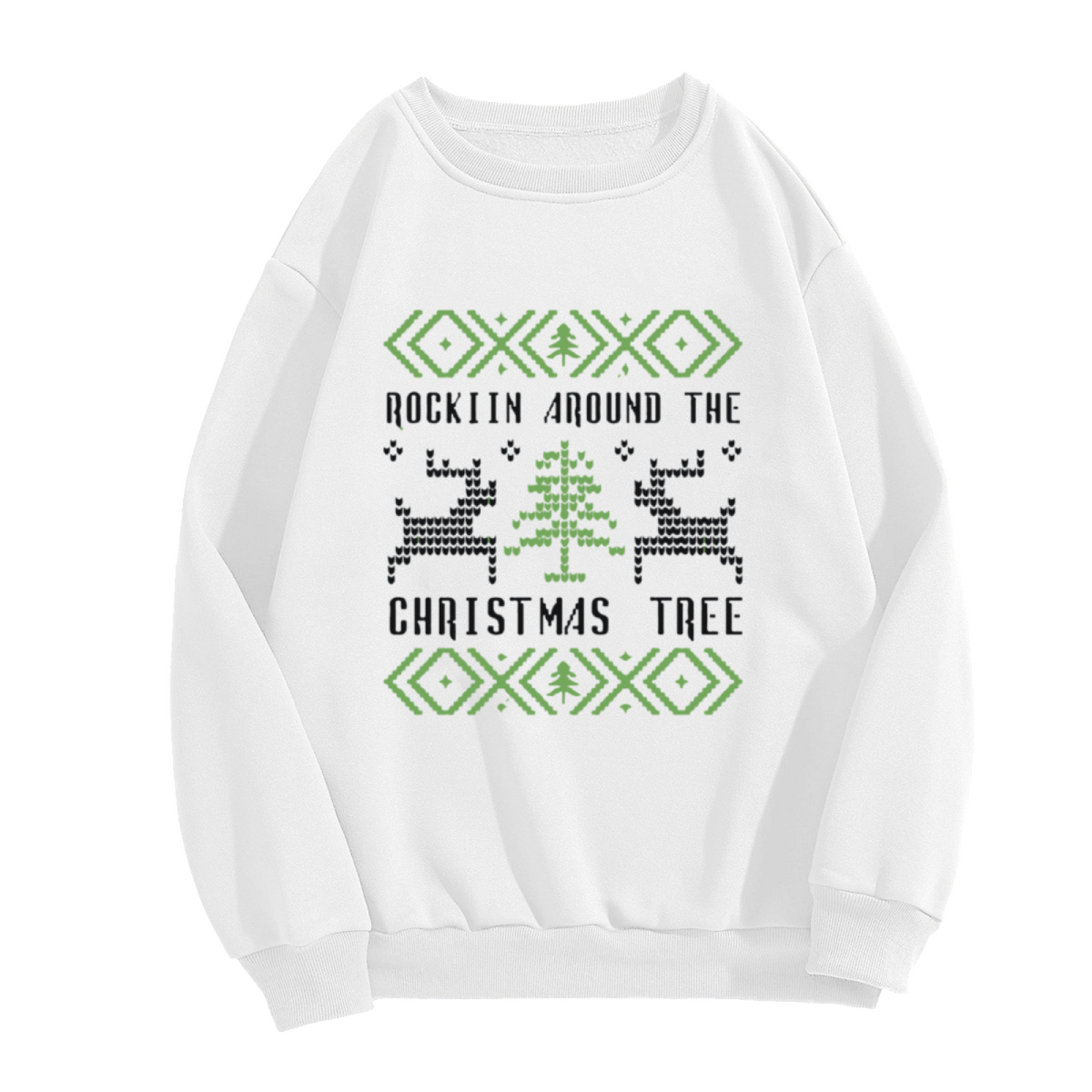 Rockin Around The Christmas Tree Crewneck Sweatshirt - Ugly Christmas Sweater Knit Style Pullover, Festive Holiday Top