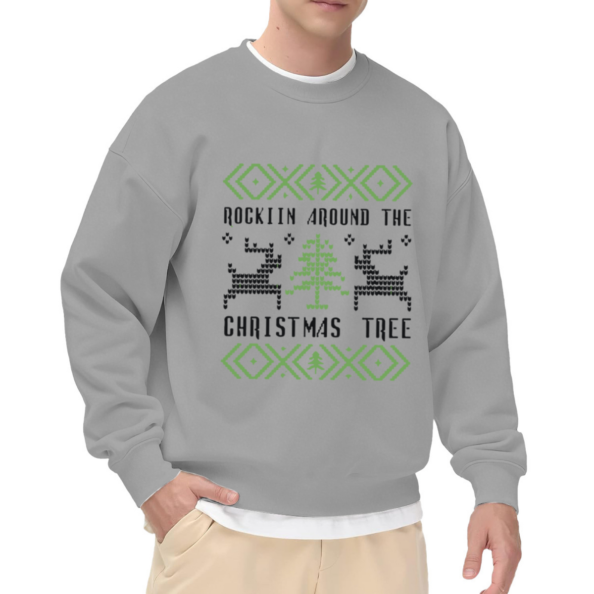 Rockin Around The Christmas Tree Crewneck Sweatshirt - Ugly Christmas Sweater Knit Style Pullover, Festive Holiday Top
