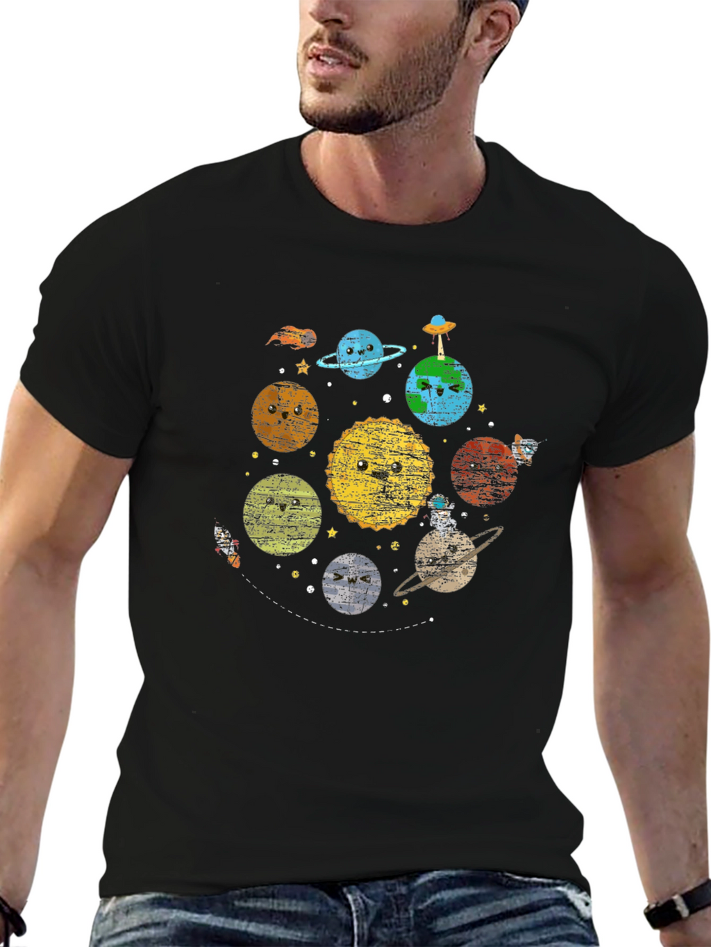 Kawaii Planets Graphic Black T-Shirt