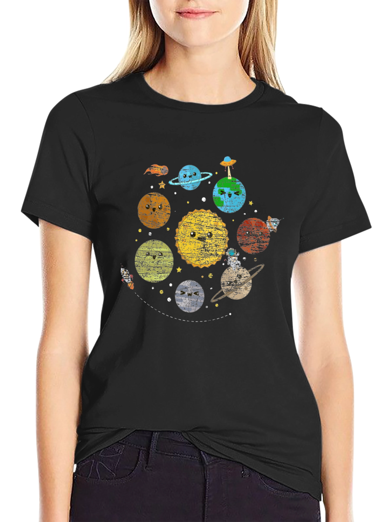 Kawaii Planets Graphic Black T-Shirt