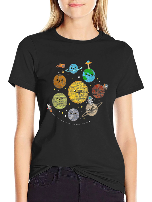 Kawaii Planets Graphic Black T-Shirt