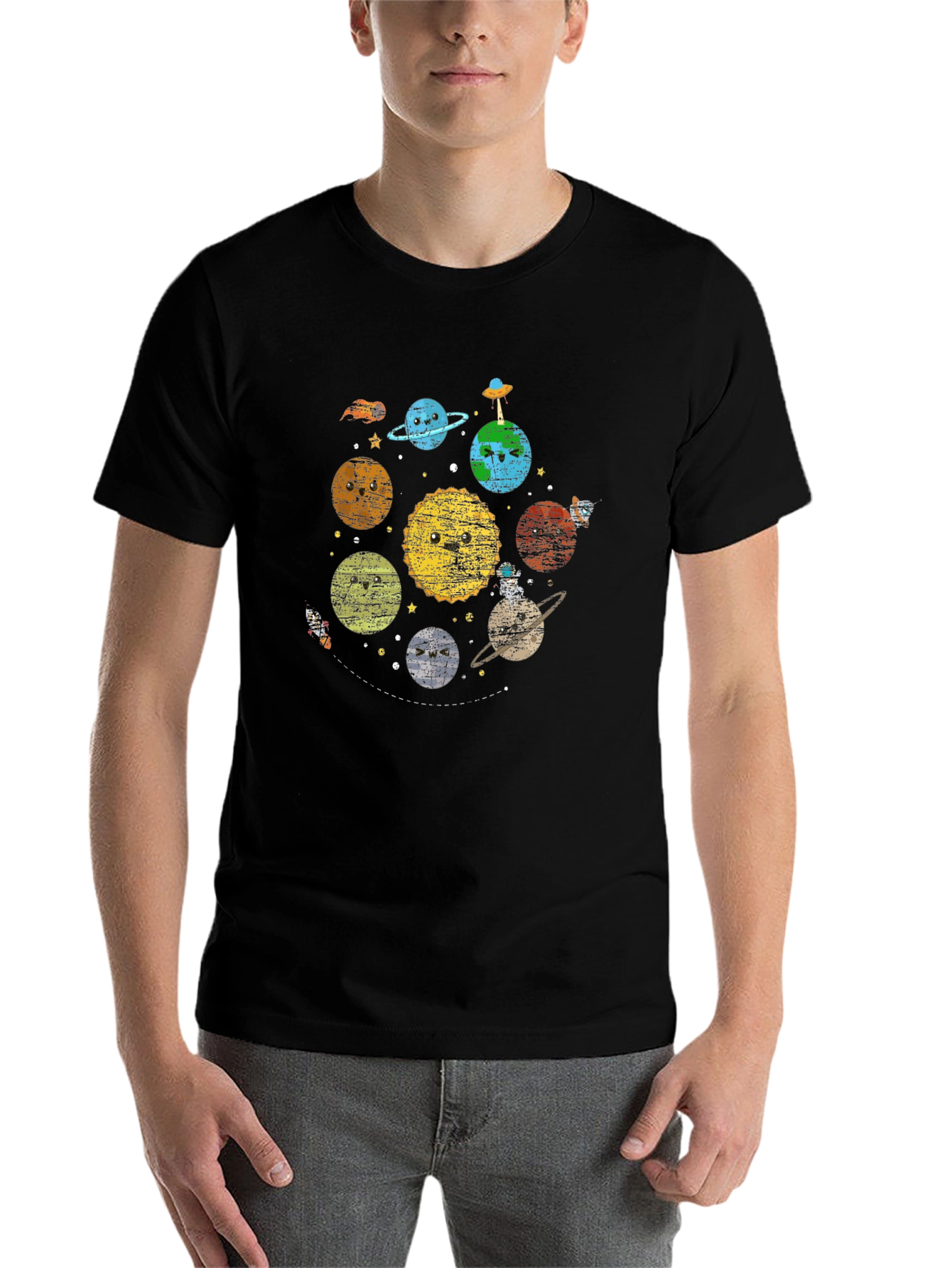 Kawaii Planets Graphic Black T-Shirt