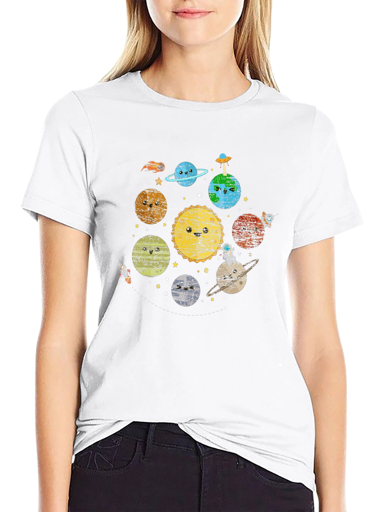 Kawaii Planets Graphic Black T-Shirt
