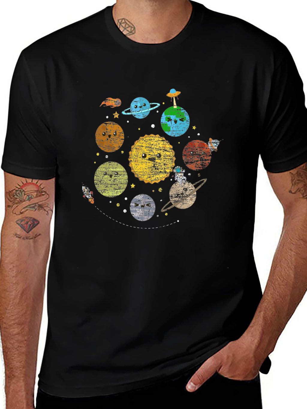 Kawaii Planets Graphic Black T-Shirt