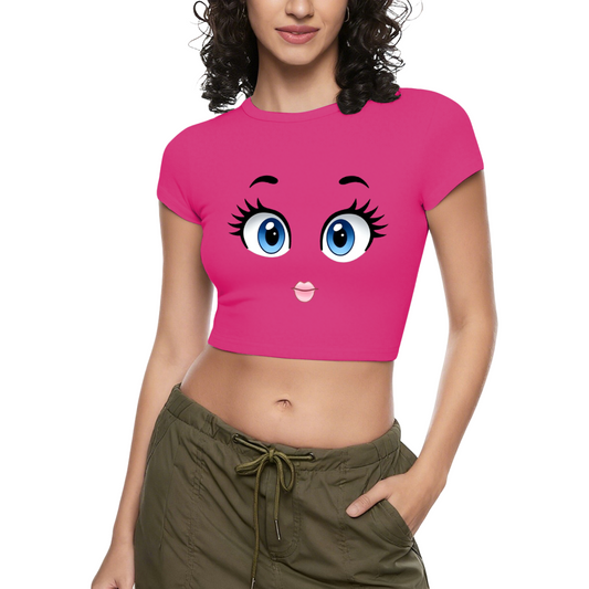 Big Cute Cartoon Eyes Hot Pink Y2K Crop Top