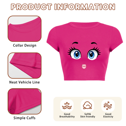 Big Cute Cartoon Eyes Hot Pink Y2K Crop Top