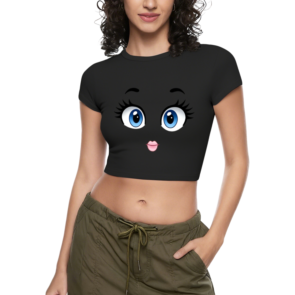 Big Cute Cartoon Eyes Hot Pink Y2K Crop Top