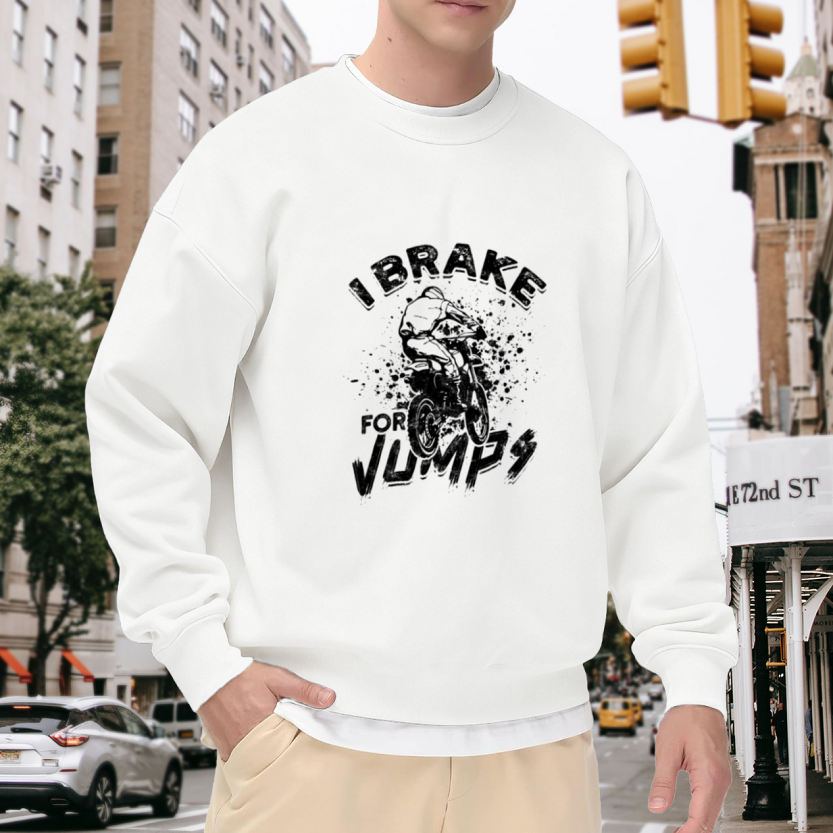 I Brake For Jumps Sweatshirt | Motocross Rider Graphic Crewneck, Dirt Bike Pullover Top, Extreme Sports Gift for Men Women