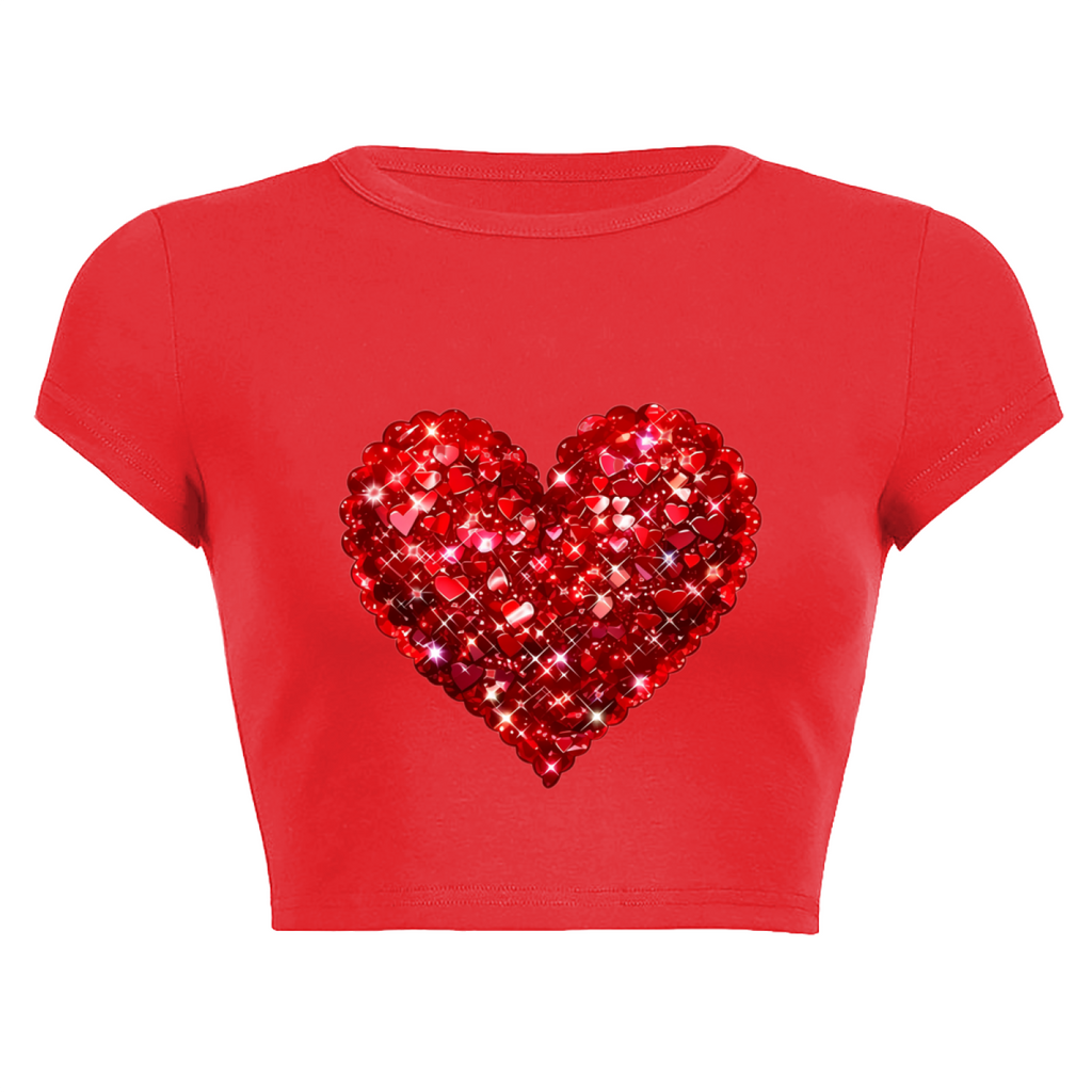 Shiny Rhinestone Red Heart Bright Red Crop Tee ¨C Romantic Date Night Top 10.