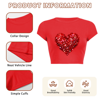 Shiny Rhinestone Red Heart Bright Red Crop Tee ¨C Romantic Date Night Top 10.
