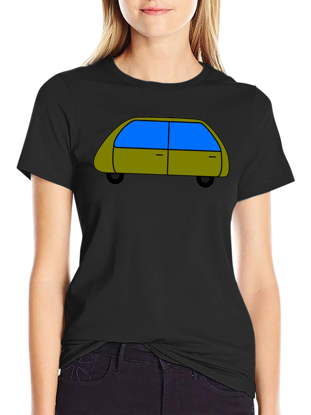 Cartoon Car Graphic Tee - Black Cotton T-Shirt