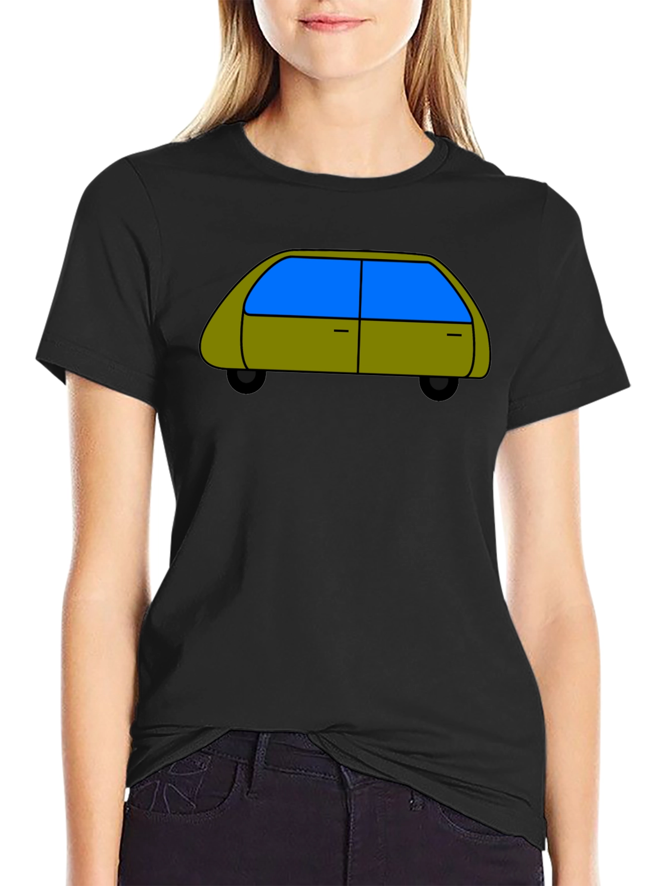Cartoon Car Graphic Tee - Black Cotton T-Shirt
