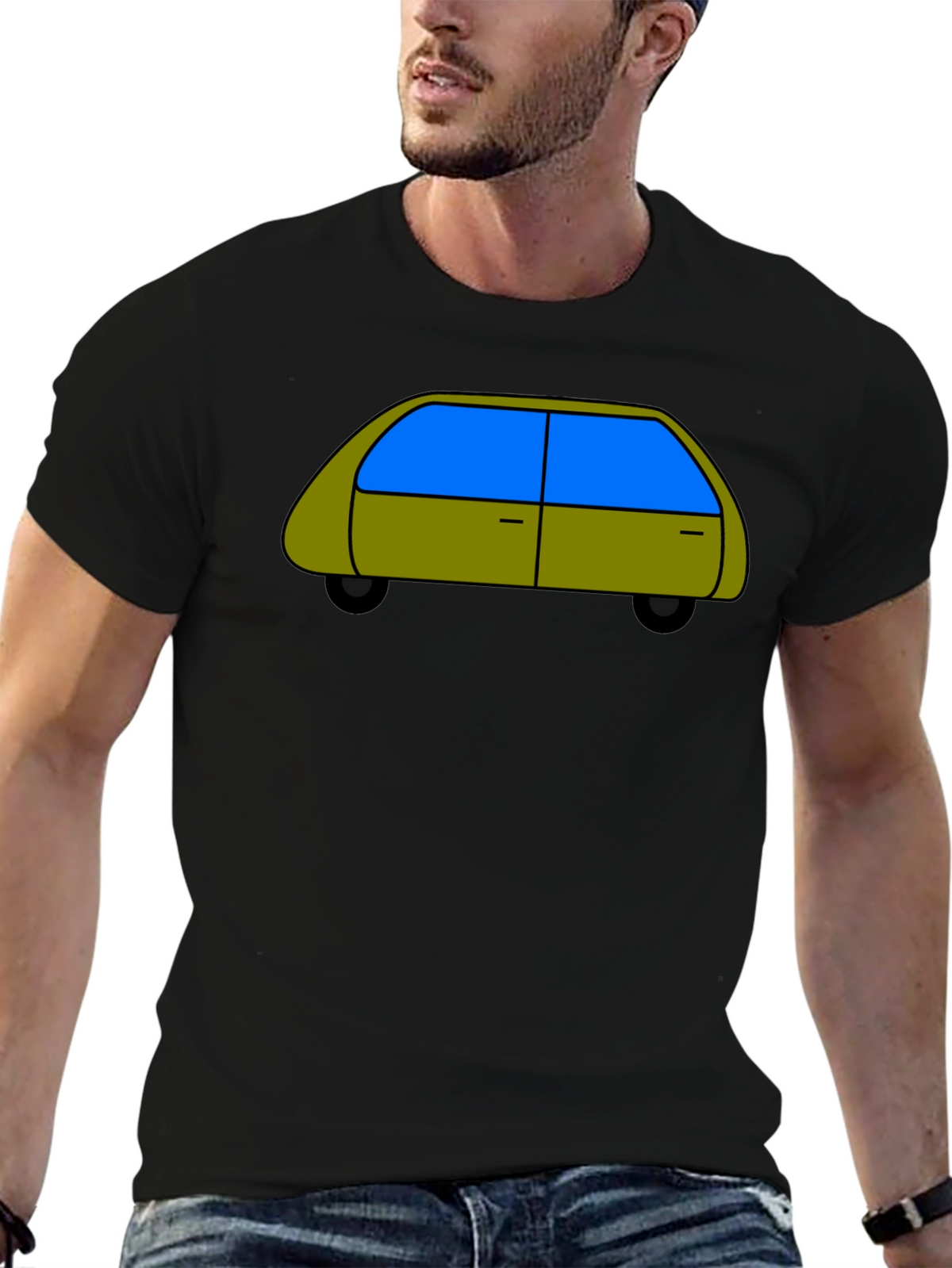 Cartoon Car Graphic Tee - Black Cotton T-Shirt