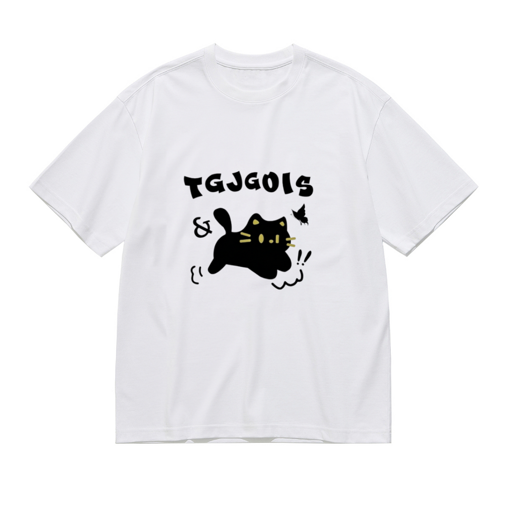 Playful Floppy Black Cat Chasing Butterfly Cute Cartoon Graphic Tee