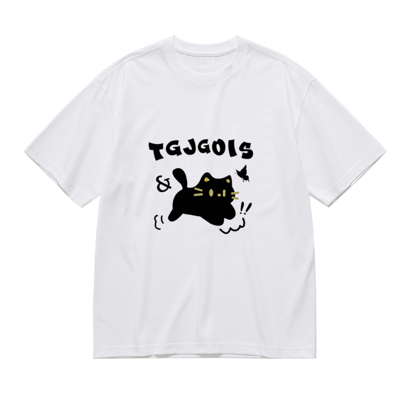 Playful Floppy Black Cat Chasing Butterfly Cute Cartoon Graphic Tee
