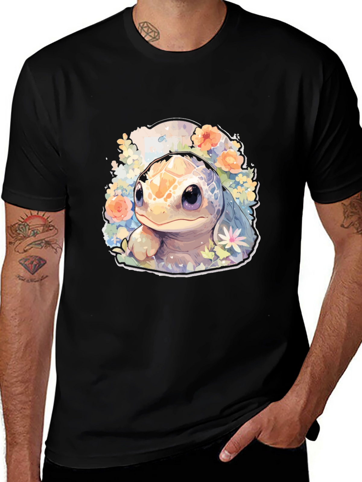 Cute Turtle Graphic Tee - Black Cotton T-Shirt
