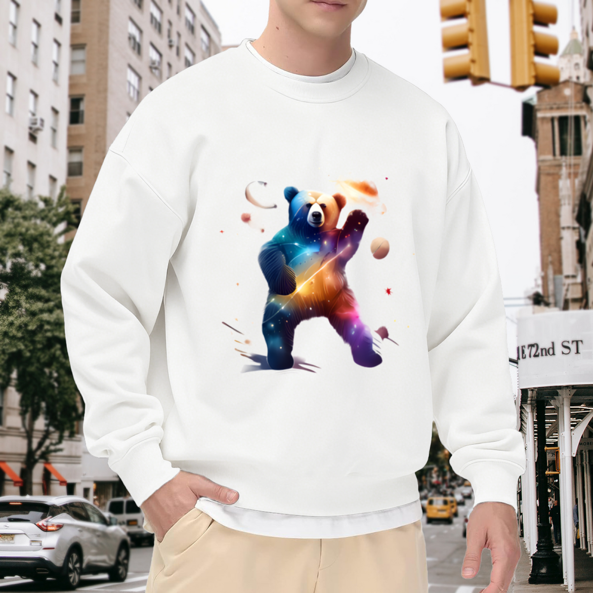 Galaxy Bear Cosmic Nebula Crewneck Sweatshirt | Space Animal Double Exposure Art Pullover, Universe Space Lover Gift