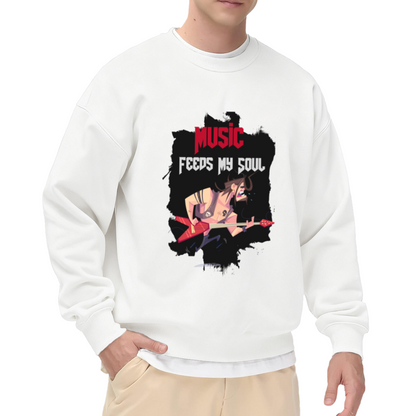Music Feeds My Soul Crewneck Sweatshirt, Punk Rock Guitarist Graphic Pullover for Music Lovers